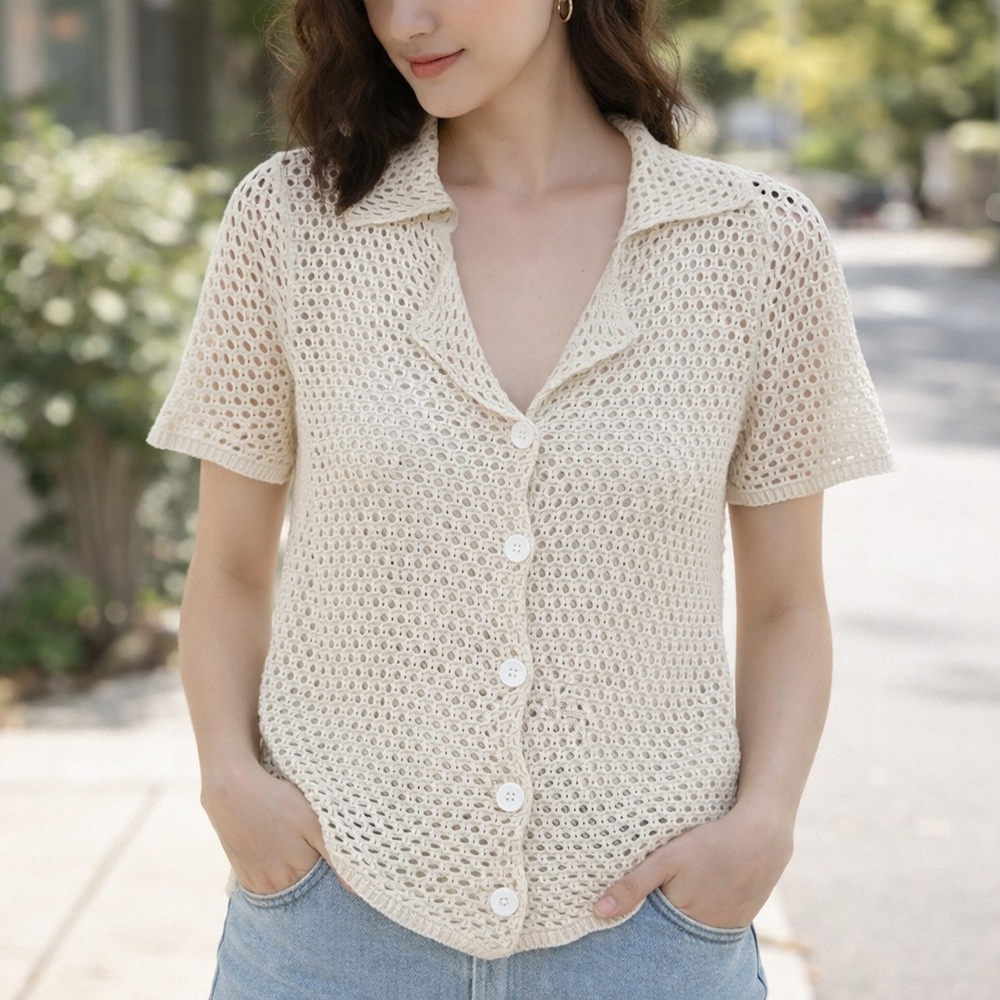 Vintage Inspired Crochet Top Cottagecore Boho Button Up Coastal Layering Shirt - Picture 4 of 8